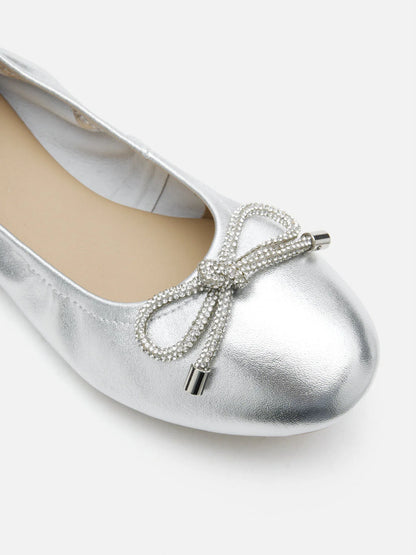 PAZZION, Mara Crystal Bow Ballerinas, Silver