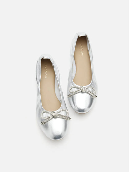 PAZZION, Mara Crystal Bow Ballerinas, Silver
