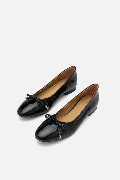 PAZZION, Margaret Bow Patent Ruched Detail Flats, Black