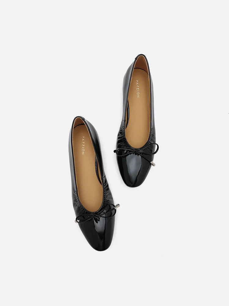 PAZZION, Margaret Bow Patent Ruched Detail Flats, Black