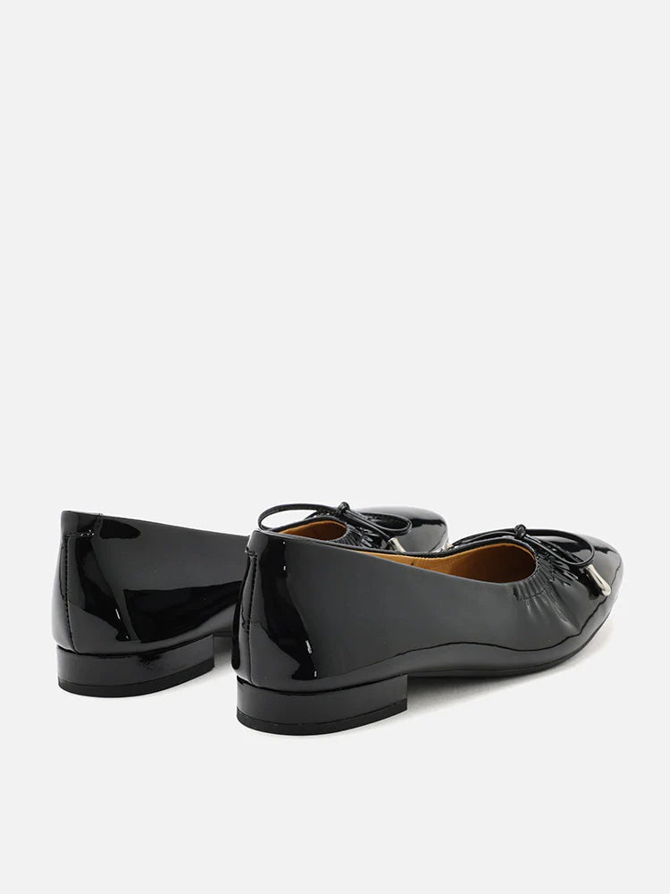 PAZZION, Margaret Bow Patent Ruched Detail Flats, Black