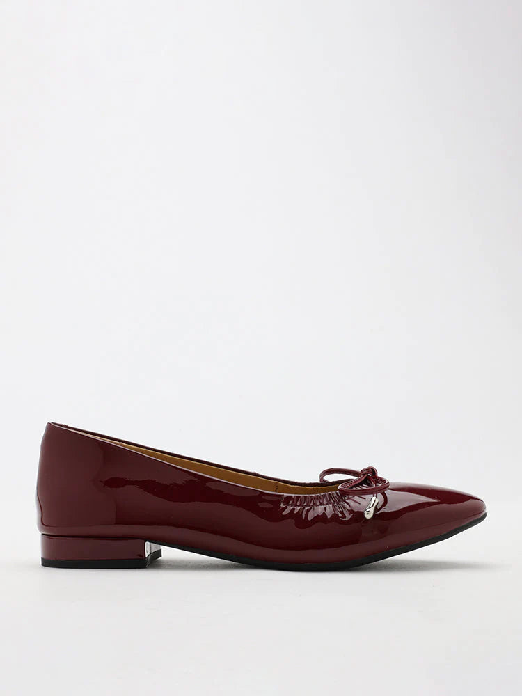 PAZZION, Margaret Bow Patent Ruched Detail Flats, Red