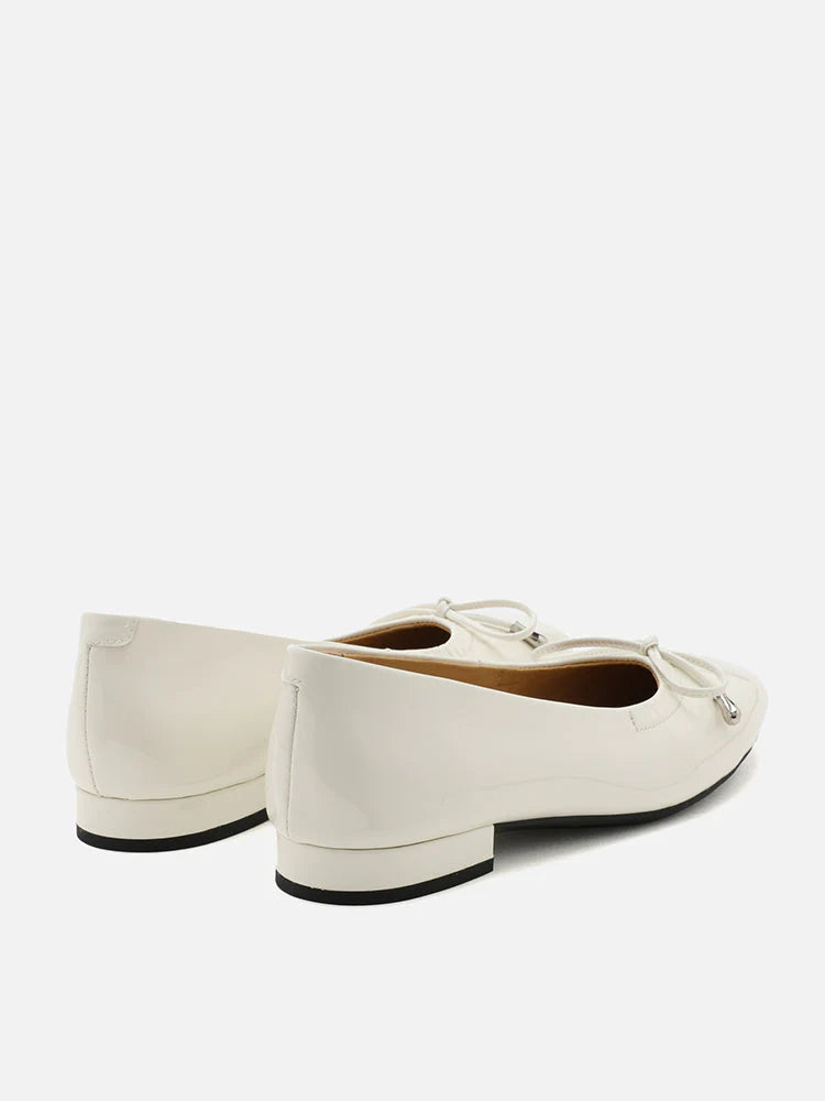 PAZZION, Margaret Bow Patent Ruched Detail Flats, White