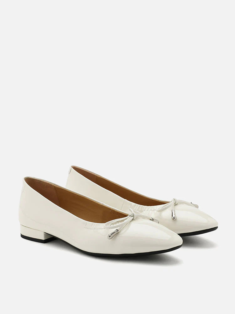 PAZZION, Margaret Bow Patent Ruched Detail Flats, White