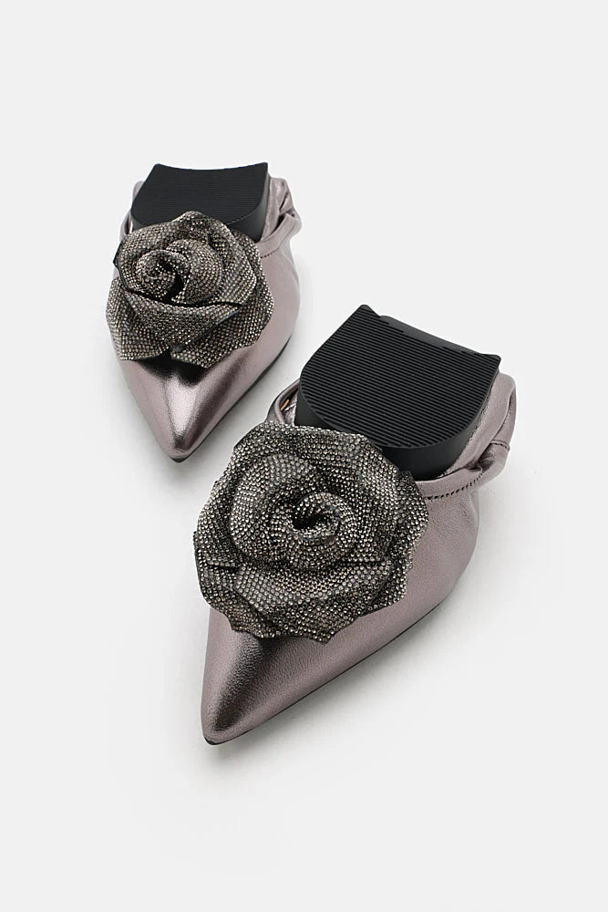 PAZZION, Marianna Crystal Embellished Rose Foldable Flats, Pewter