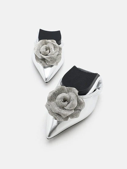 PAZZION, Marianna Crystal Embellished Rose Foldable Flats, Silver