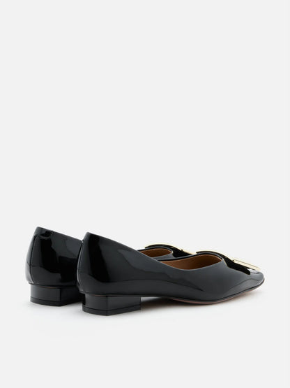 PAZZION, Marlie Buckle Patent Leather Low Heels, Black