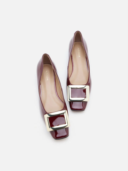 PAZZION, Marlie Buckle Patent Leather Low Heels, Wine