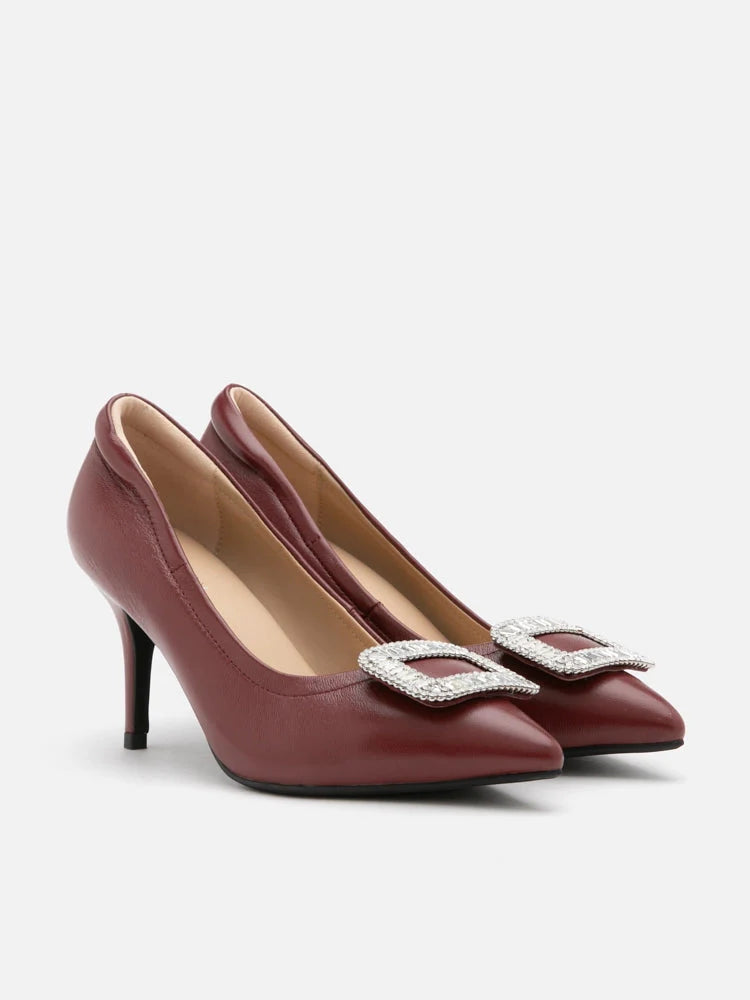 PAZZION, Maxine Embellished Buckle Point-Toe Heels, Wine