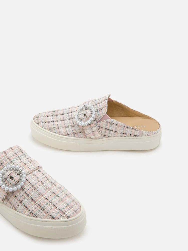 PAZZION, Megan Tweed Pearl Buckle Mules, Pink