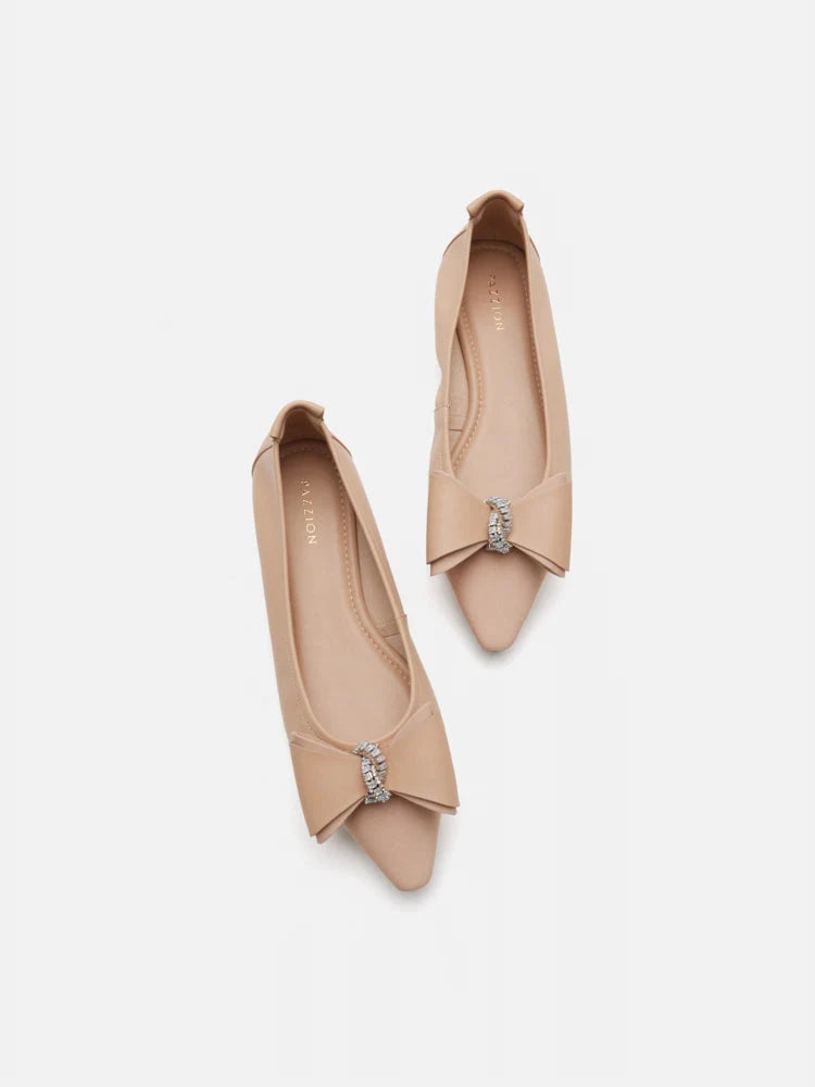 PAZZION, Melva Bow Pointed Toe Flats, Almond