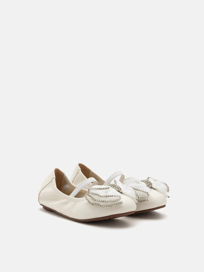 PAZZION, Mini Brea Crystal Bow Mary Jane Ballerinas, Beige