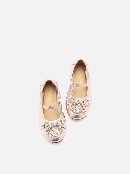 PAZZION, Mini Zoelle Pearls and Crystal Encrusted Flats, Champagne