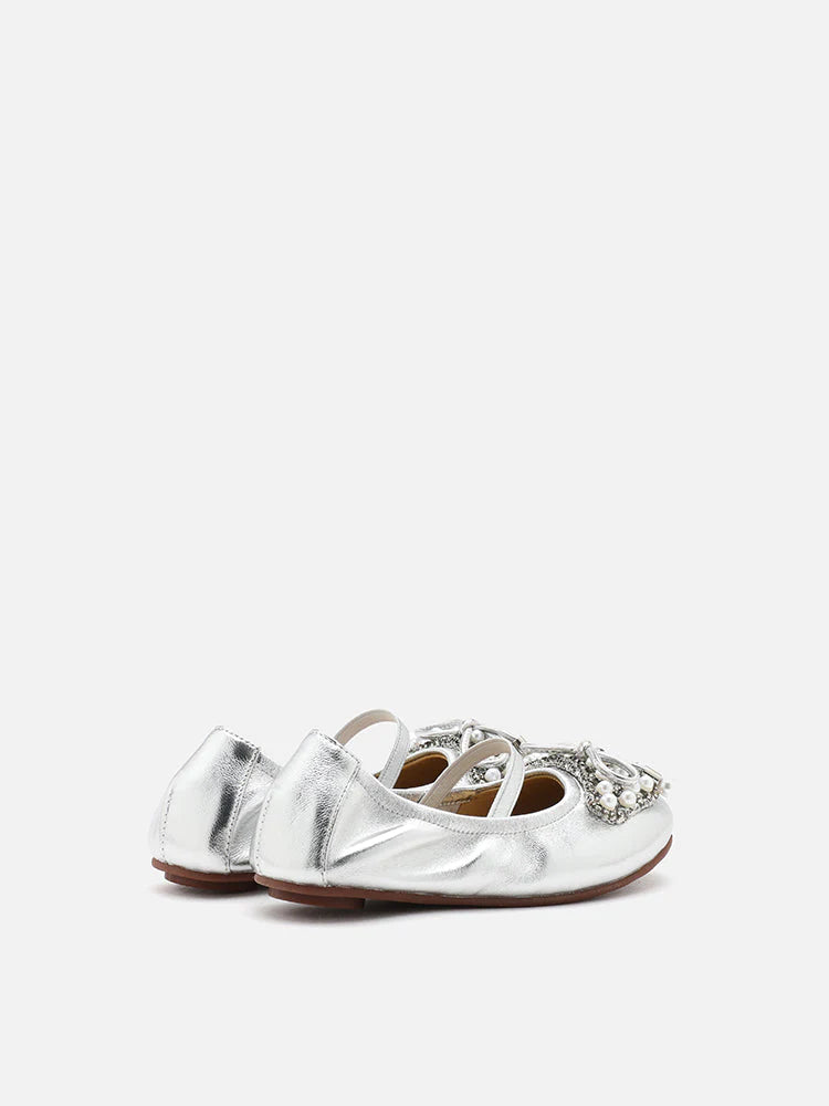 PAZZION, Mini Zoelle Pearls and Crystal Encrusted Flats, Silver