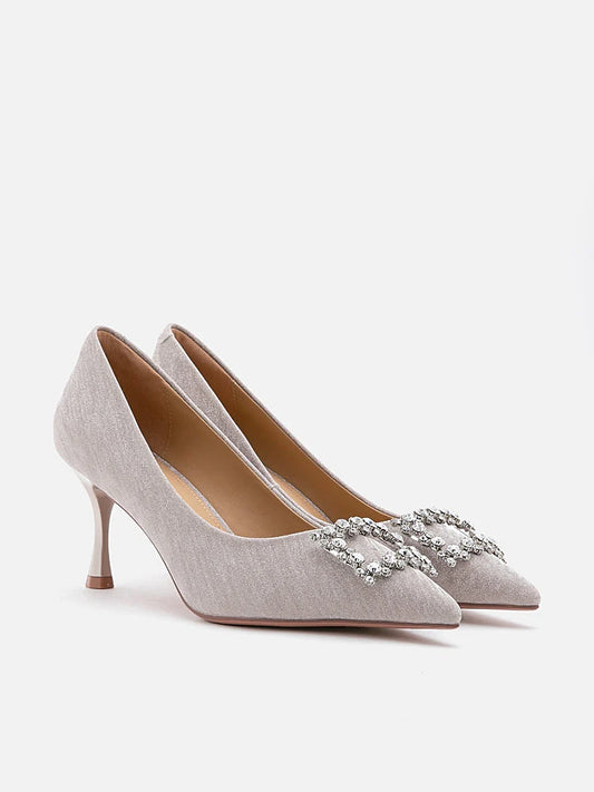 PAZZION, Miranda Crystal Embellished Buckle Glitter Pump Heels, Gold