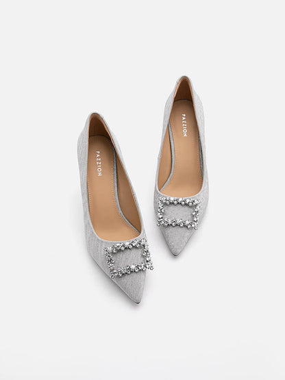 PAZZION, Miranda Crystal Embellished Buckle Glitter Pump Heels, Silver