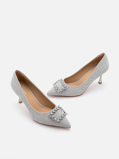 PAZZION, Miranda Crystal Embellished Buckle Glitter Pump Heels, Silver