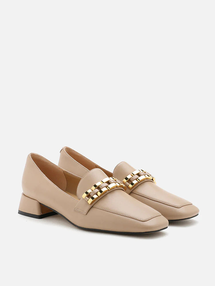 PAZZION, Monica Double Woven Chain Heel Loafers, Almond