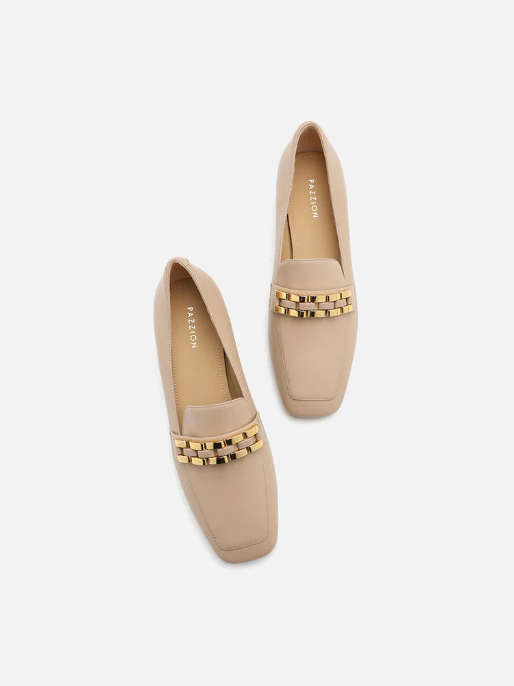 PAZZION, Monica Double Woven Chain Heel Loafers, Almond