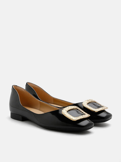 PAZZION, Mura Gold Buckle Shiny Leather Flats, Black