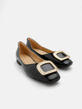 PAZZION, Mura Gold Buckle Shiny Leather Flats, Black