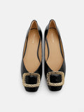 PAZZION, Mura Gold Buckle Shiny Leather Flats, Black