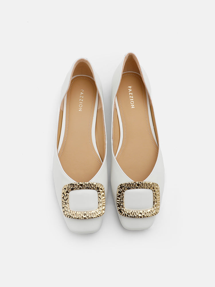 PAZZION, Mura Gold Buckle Shiny Leather Flats, White