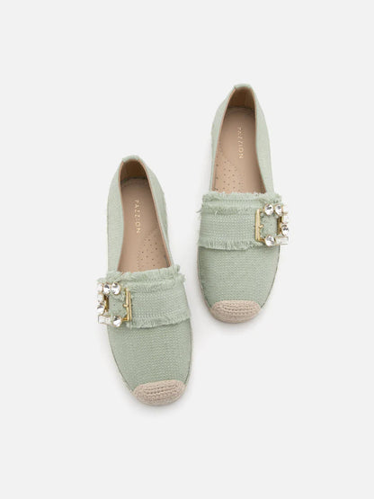 PAZZION, Nancy Crystal Embellished Buckle Espadrilles, Green