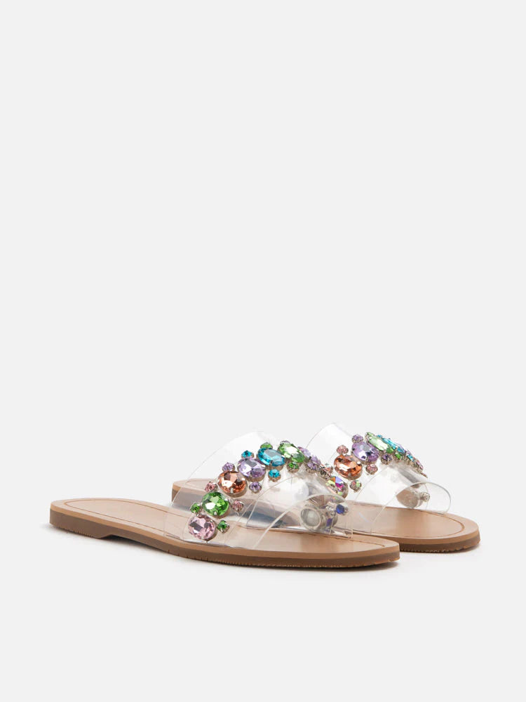 PAZZION, Naomi Crystal Embellished Clear Strap Sandals, Rainbow