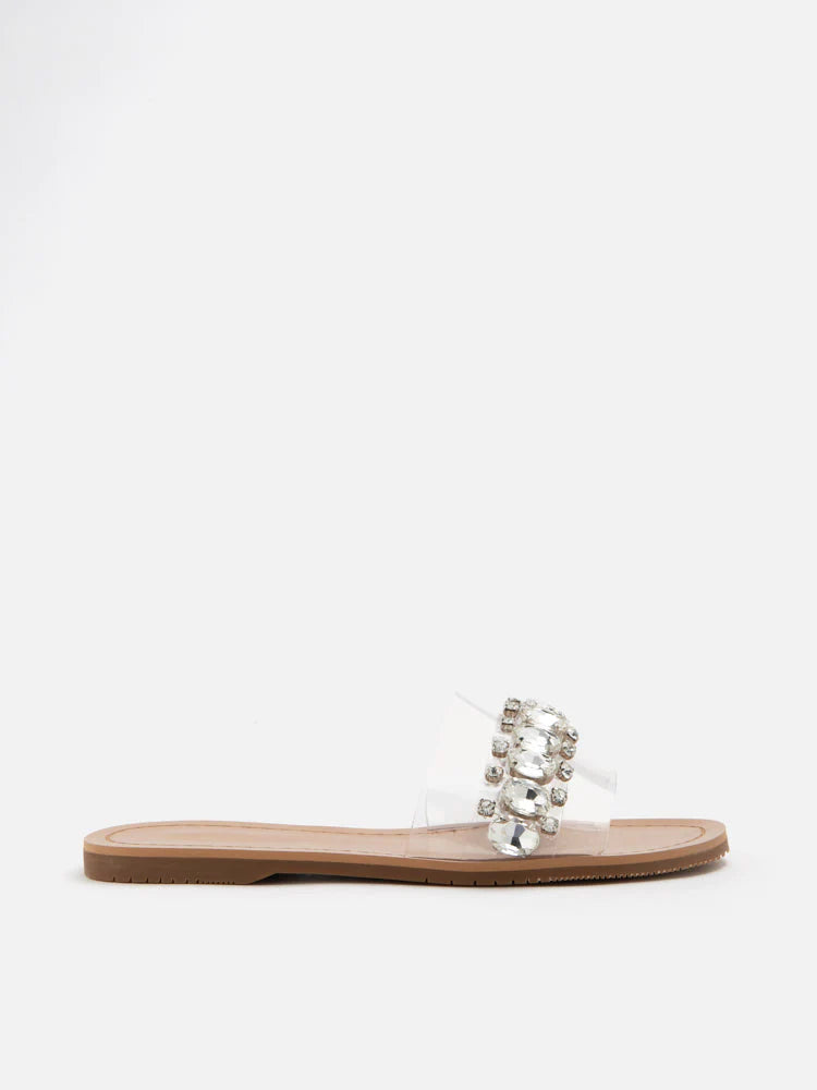 PAZZION, Naomi Crystal Embellished Clear Strap Sandals, Silver