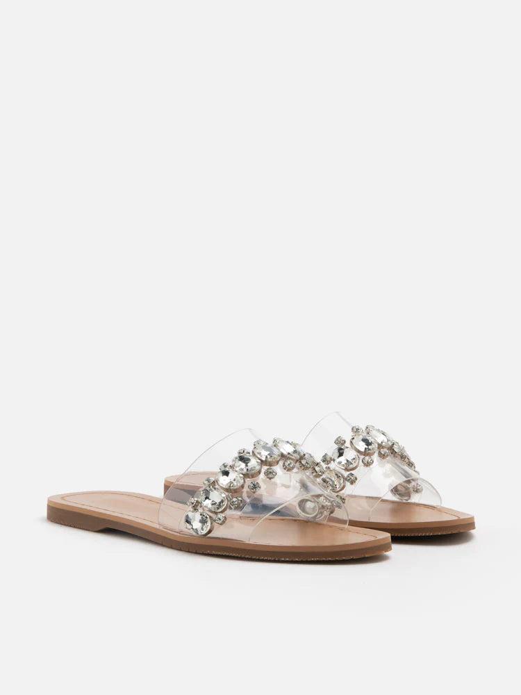 PAZZION, Naomi Crystal Embellished Clear Strap Sandals, Silver