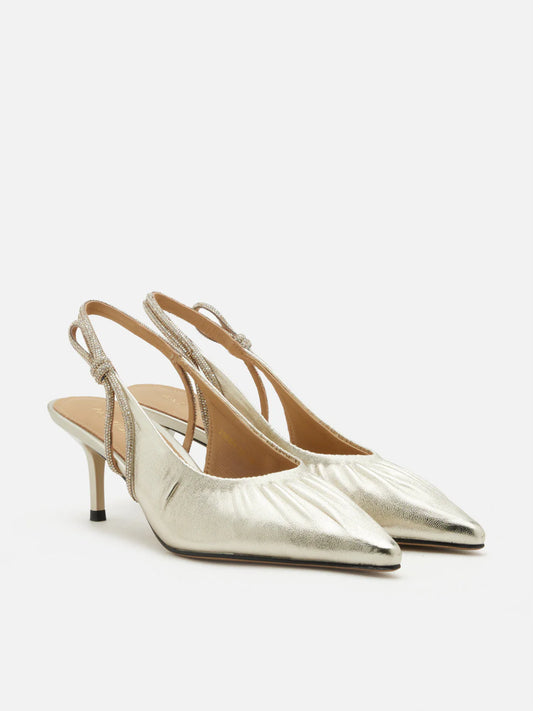PAZZION, Natalia Ruched Crystal Slingback Heels, Gold
