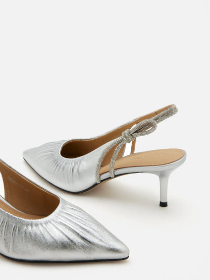 PAZZION, Natalia Ruched Crystal Slingback Heels, Silver