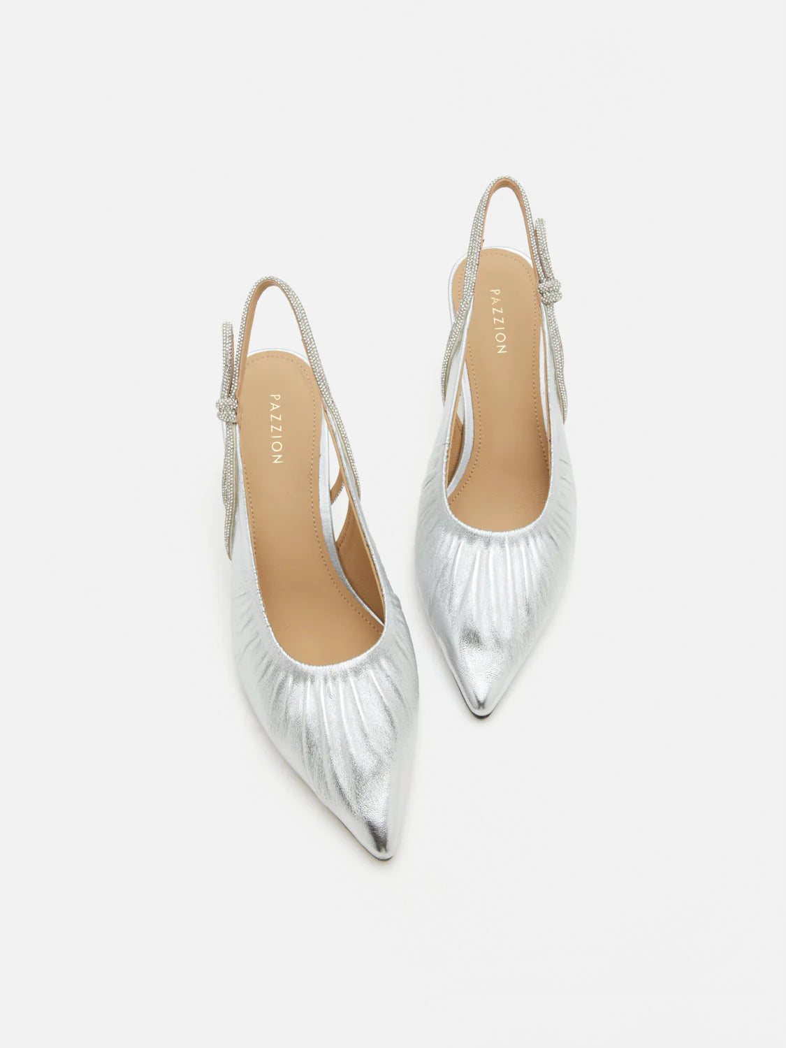 PAZZION, Natalia Ruched Crystal Slingback Heels, Silver
