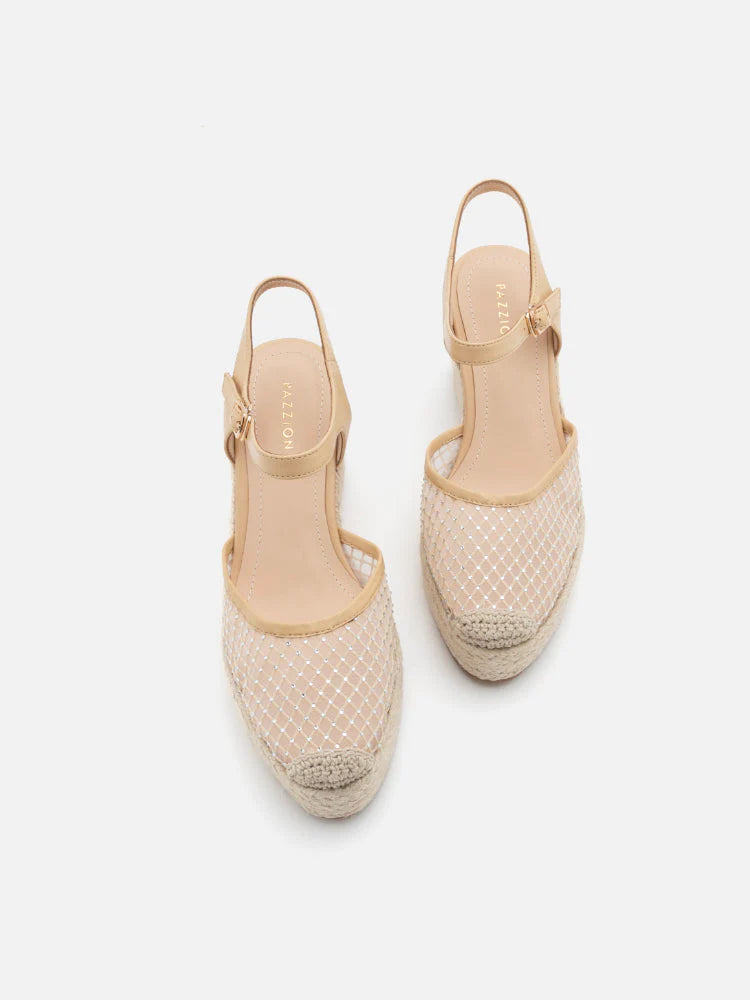 PAZZION, Naya Crystal Embellished Woven Slingback Wedges, Almond