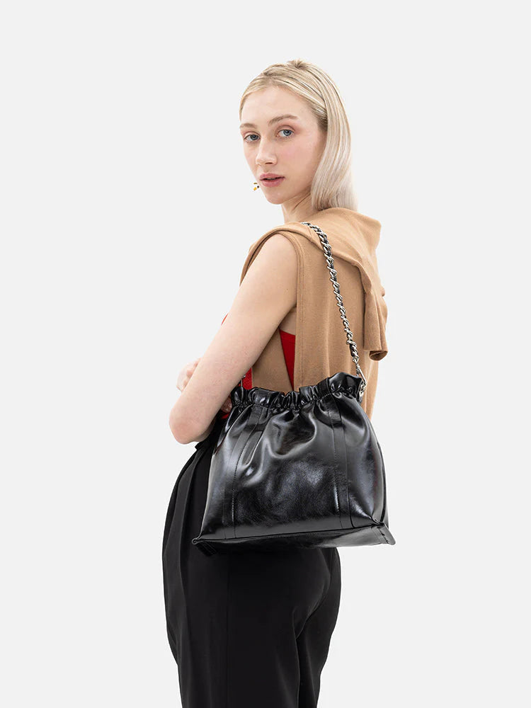 PAZZION, Nellie Chained Leather Shoulder Bag, Black