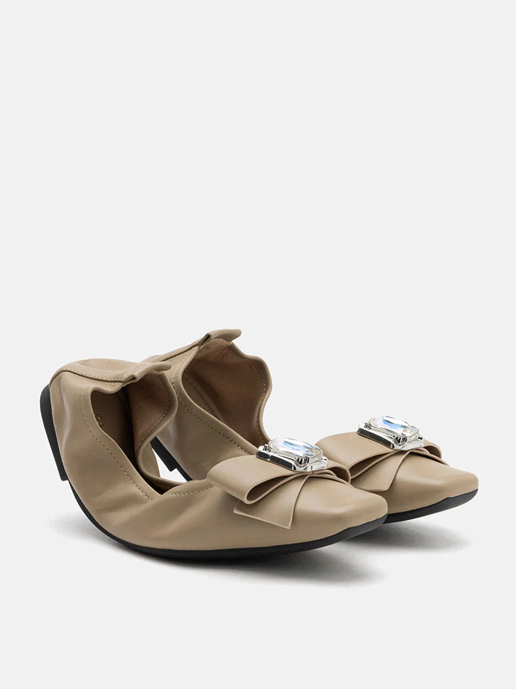 PAZZION, Noelle Diamante Bow Foldable Flats, Khaki