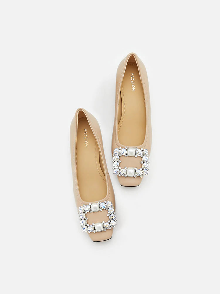 PAZZION, Oaklyn Embellished Buckle Square-Toe Block Heels, Almond