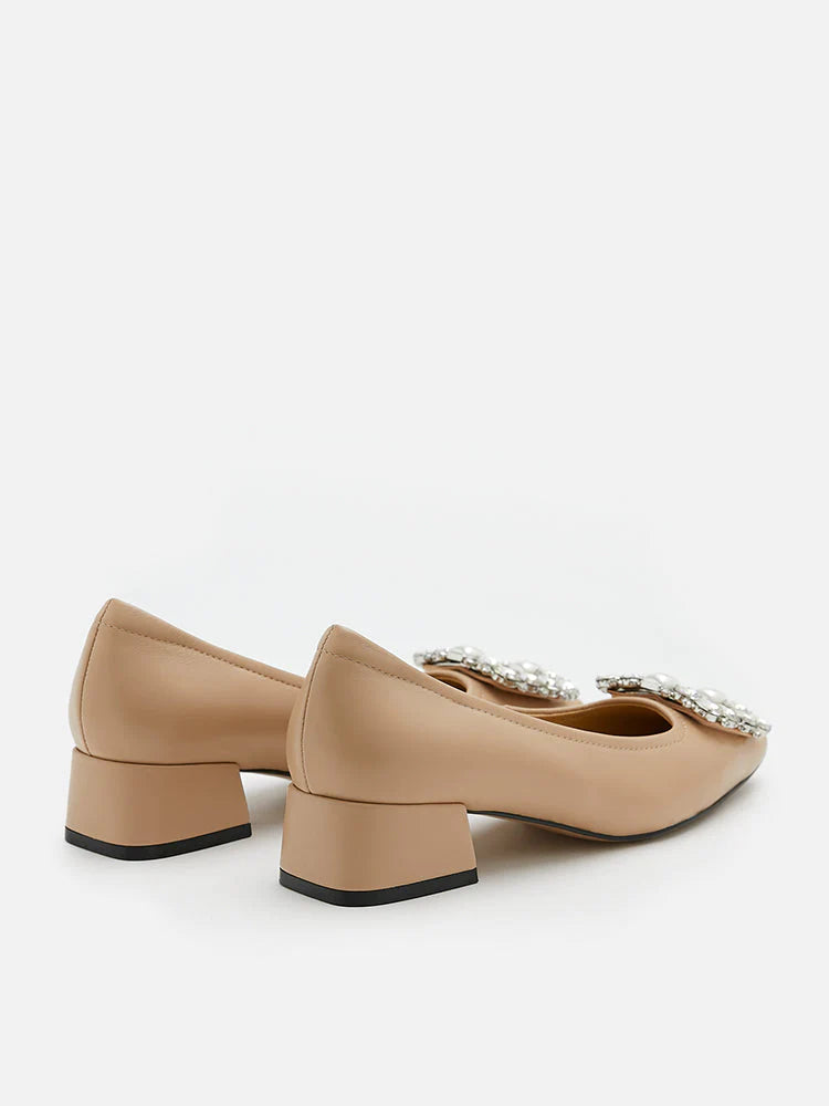 PAZZION, Oaklyn Embellished Buckle Square-Toe Block Heels, Almond