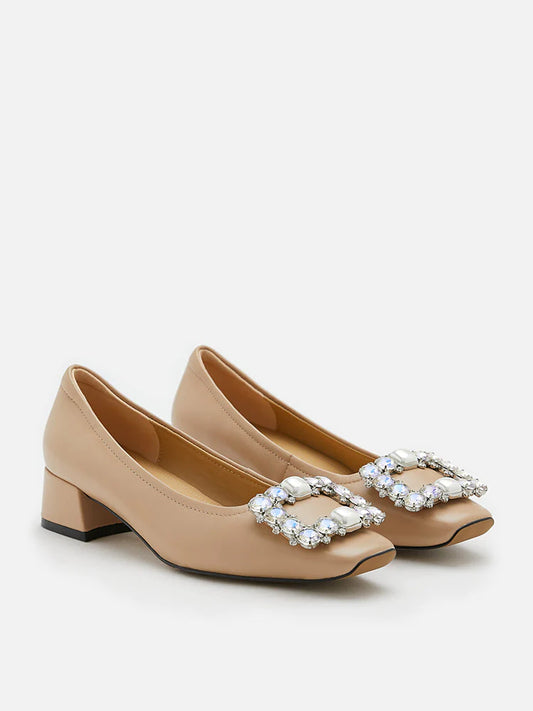 PAZZION, Oaklyn Embellished Buckle Square-Toe Block Heels, Almond