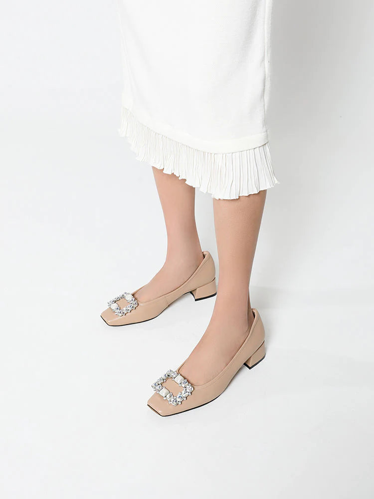 PAZZION, Oaklyn Embellished Buckle Square-Toe Block Heels, Almond