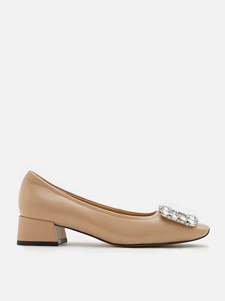 PAZZION, Oaklyn Embellished Buckle Square-Toe Block Heels, Almond