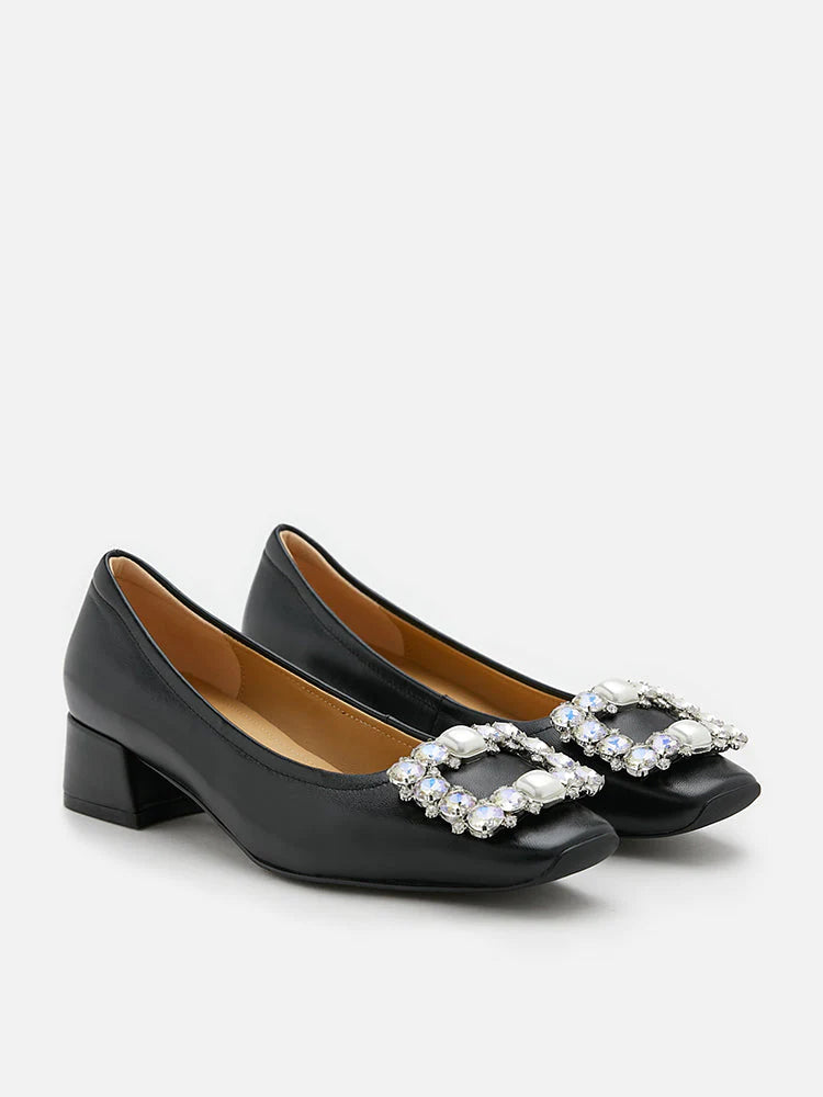 PAZZION, Oaklyn Embellished Buckle Square-Toe Block Heels, Black