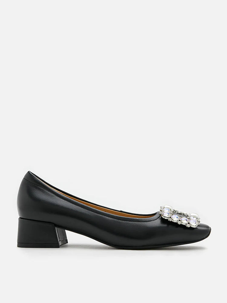 PAZZION, Oaklyn Embellished Buckle Square-Toe Block Heels, Black