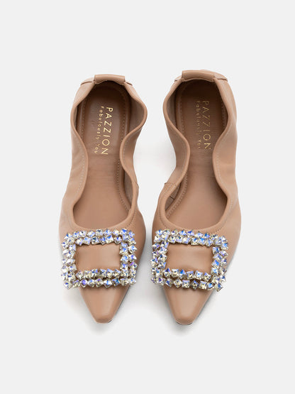 PAZZION, Odessa Embellished Buckle Foldable Flats, Almond