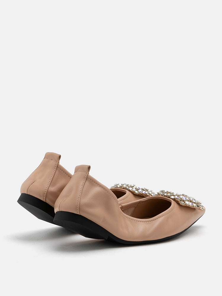 PAZZION, Odessa Embellished Buckle Foldable Flats, Almond