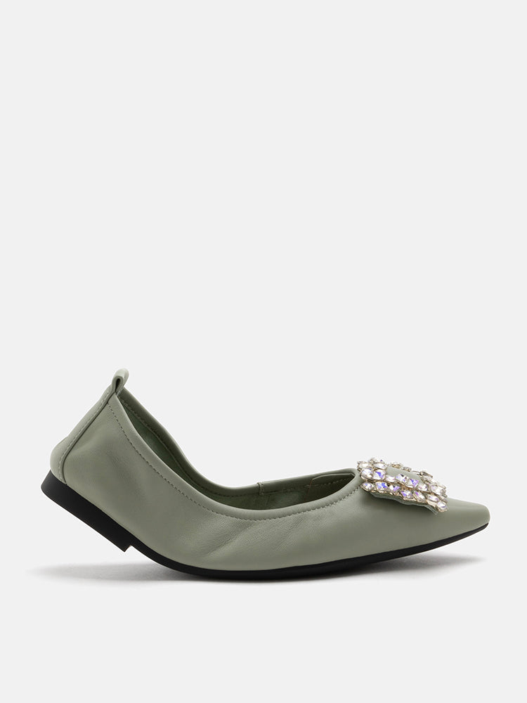 PAZZION, Odessa Embellished Buckle Foldable Flats, Green