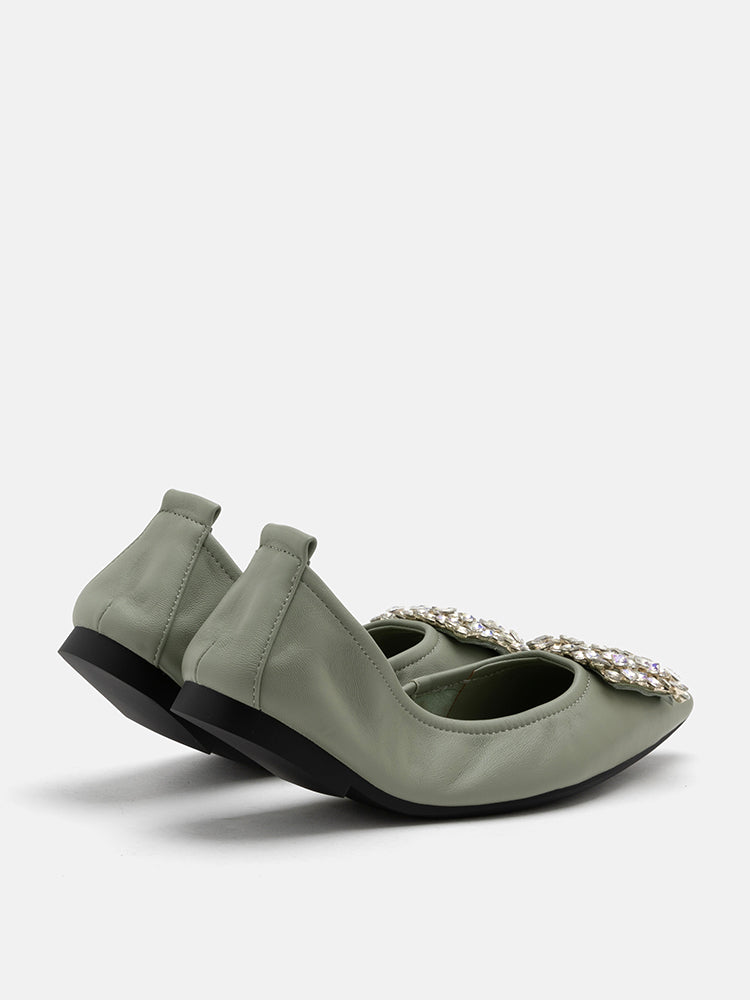 PAZZION, Odessa Embellished Buckle Foldable Flats, Green