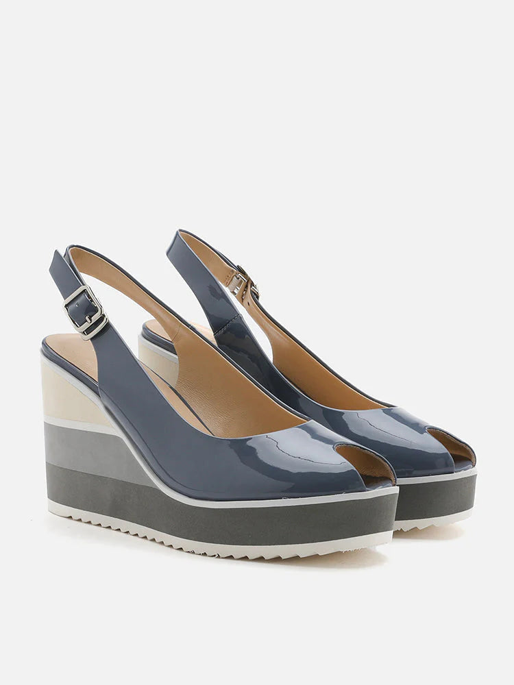 PAZZION, Olga Patent Open-Toe Slingback Wedges, Blue