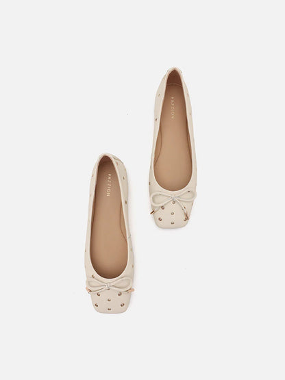 PAZZION, Olympia Eyelet and Bow Square Toe Flats, Beige